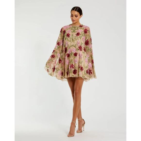Beige Floral Embellished Mini Dress -Sassy with Sequins Mac Duggal - SEXY 10!! - Picture 2 of 2